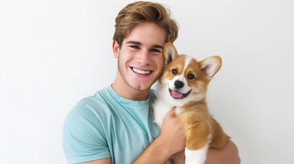 A man in a blue shirt holds his corgi dog close in a loving embrace. The man is smiling and looking down at his dog. The dog is looking up at the man with a happy expression