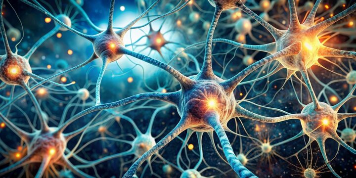 Abstract microscopic background of neural connections and mycelium with DNA