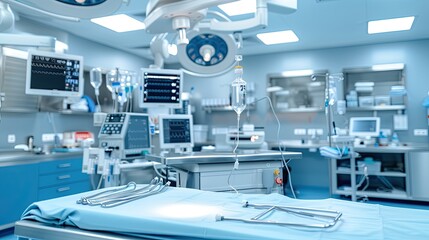 A sterile, empty surgical operating room with medical equipment and supplies prepared for a procedure
