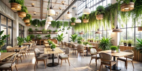 Airy, plant-adorned hanging garden cafe with natural light