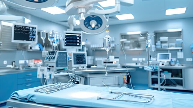 A sterile, empty surgical operating room with medical equipment and supplies prepared for a procedure