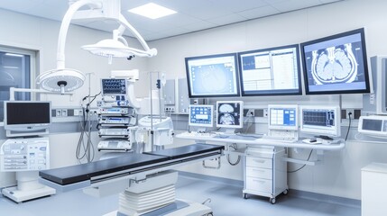 A sterile, empty surgical operating room with medical equipment and supplies prepared for a procedure