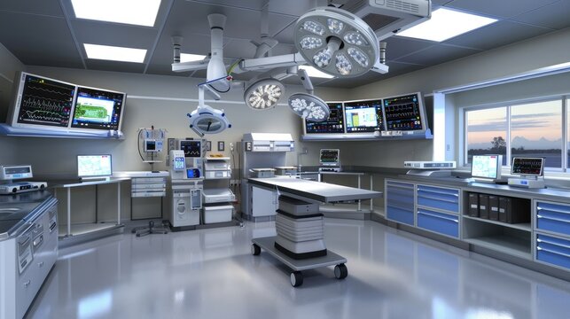 A sterile, empty surgical operating room with medical equipment and supplies prepared for a procedure