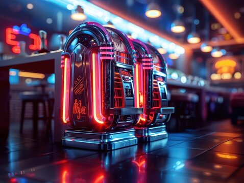 Materialistic nostalgia in a futuristic cafe, where retro jukeboxes meet sleek, digital interfaces