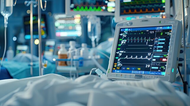 A sterile, empty surgical operating room with medical equipment and supplies prepared for a procedure