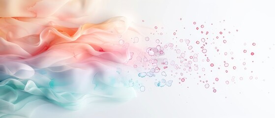 Obraz premium Abstract pastel-colored fabric waves and scattered shiny particles creating a dreamy and ethereal visual effect on a white background.