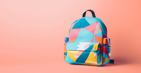 Fototapeta premium Colorful rucksack on a pastel pink background. Copy space.