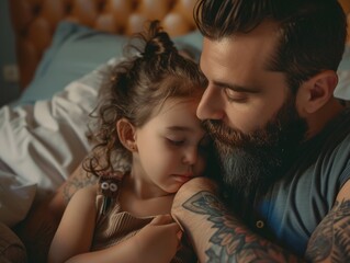 Fototapeta premium A father and daughter cuddled up together in bed