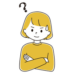 腕組みをして疑問符を浮かべる女性のイラスト