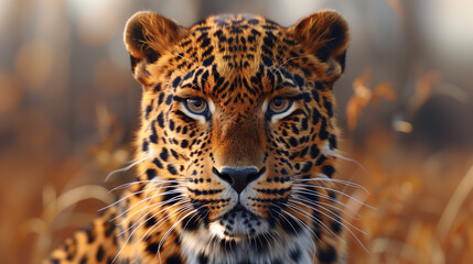 Obraz premium Majestic leopard stalking through golden grasslands in a captivating wildlife close-up.