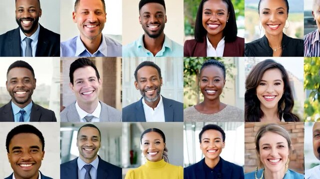A woman with a smile on her face is shown in a blurry photo with other people in the background. The photo is a collage of different faces, and the woman's smile is the focal point
