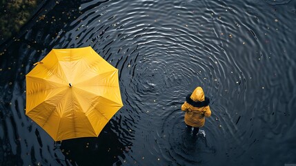 Singing in the Rain: Person in Yellow Raincoat with Umbrella in Rainstorm