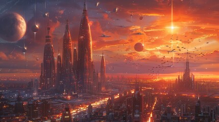 Fototapeta premium Futuristic cityscape at sunset - generative ai