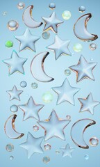 Obraz premium Abstract stars and month on a blue background 3D render. 3D background. Abstract background. 3D graphics. 3D background.