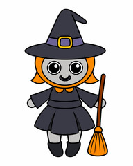 Halloween Witch and Witch Hats, with broom in hand vector icon illustration in white background