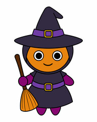 Halloween Witch and Witch Hats, with broom in hand vector icon illustration in white background