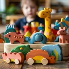 Fototapeta premium children's toys made from natural material. wood toys for developmental. colorful wood toys and toys for cognitive rehabilitation