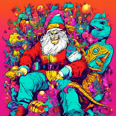 Steampunk Santa, Psychedelic and bright comic book style poster conveying the atmosphere of postmodernism.