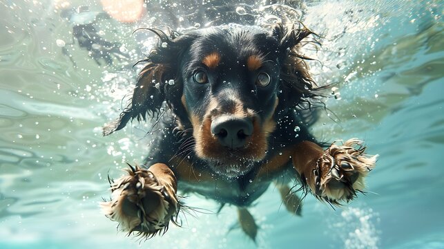 Playful Gordon Setter Diving with Goofy Expression in Clear and Sunny Isolated Setting