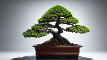 Stately hinoki cypress bonsai with pyramidal form and feathery texture unblemished white space chiaroscuro Abstract background