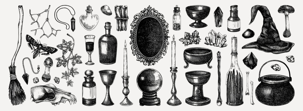 Witchcraft hand-drawn vector illustrations set. Vintage Halloween sketches. Antique apothecary, alchemy design elements. NOT AI generated