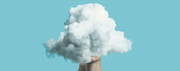 Surreal image of a person's head replaced by a fluffy cloud on a blue background, symbolizing imagination, creativity, and dreamlike thoughts.