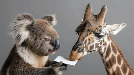 Fototapeta premium a koala exchanges business cards with a giraffe interacting and exchanging a note against a gray background.