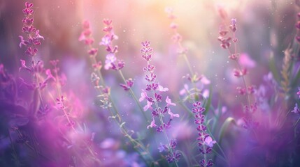 Purple lavender flowers blooming in meadows with green grass violet blooms in summer blurry natural backdrop toned image with soft focus artistic photography