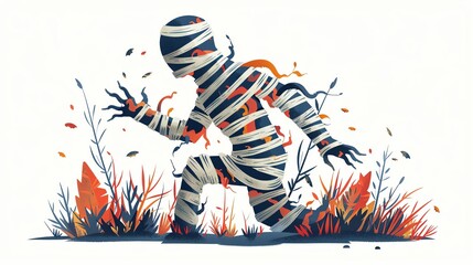 Obraz premium Spooky mummy illustration with autumn leaves. Perfect for Halloween designs.