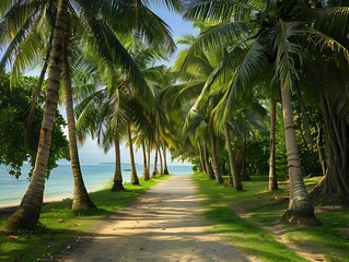 Obraz premium picturesque view of coconut tree-lined path leading to the beach inviting relaxation.