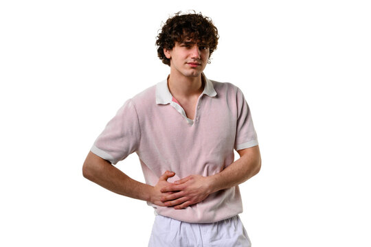 Feeling crampy pain from Crohn's disease. Suffering from chronic inflammation of gastrointestinal tract. Severe abdominal pain. Uncomfortable flatulence of the stomach.