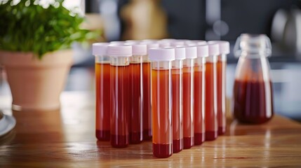 Plastic tubes for blood collection on table for virus diagnosis and treatment concept