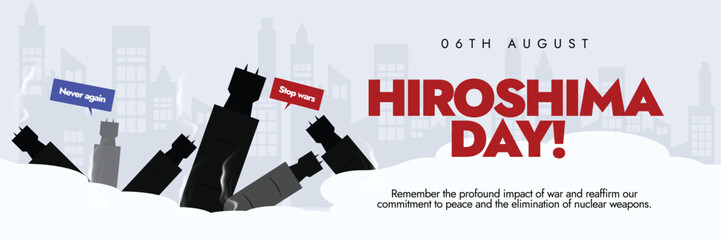 Hiroshima day, remembrance banner, social media post. 6th August Hiroshima day cover banner with atomic bombs dropped on ground. The first atomic bomb, named Little Boy, was dropped on Hiroshima.