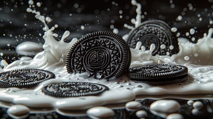 Close-up of Oreo cookie falling into splashing milk