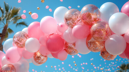 Various air balloons of different pastel colours and sizes. Details of creative gender neutral babyshower or birthday party decoration outdoors. Festive photo zone arch kit.