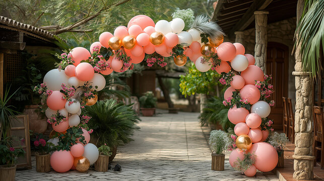 balloon arch for gender reveal outdoors for celebration. Colorful party decoration concept. Outdoor event and garden party concept.