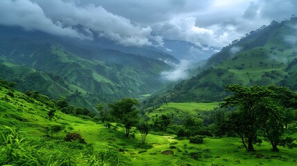 Naklejka premium Majestic view of beautiful lush green valley with trees and colorful grass against picturesque high mountains. 
