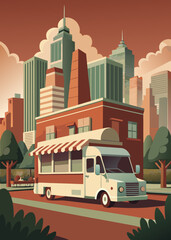 Obraz premium bus on the street cars on the street car in the city bus in the city food truck in city festival food