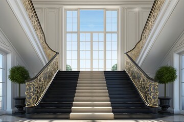 Backdrop of a staircase with beige carpet and black marble stairs, featuring ornate gold railings. Clear blue sky, large minimalist windows, French chateau architecture. 