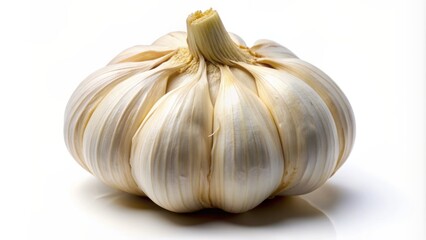 Obraz premium Single, fresh, peeled clove of garlic leaning slightly on its side, isolated against a plain, bright, white background.