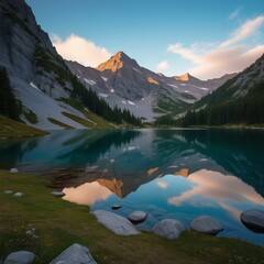 Mountain peak Zugspitze Summer day at lake Eibsee near Garmisch Partenkirchen. Bavaria, Germany,Aerial view of a beautiful highlands landscape with low mountain and a lake at sunset, , Capital Region,