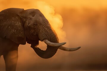 Obraz premium A supernatural scene emerged at the waterhole, with an elephants tusks shimmering with a gentle, ethereal light