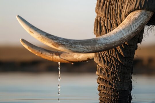 A supernatural scene emerged at the waterhole, with an elephants tusks shimmering with a gentle, ethereal light - Powered by Adobe