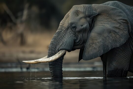A supernatural scene emerged at the waterhole, with an elephants tusks shimmering with a gentle, ethereal light - Powered by Adobe
