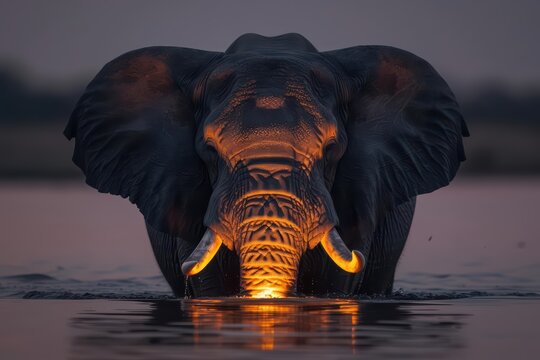 A supernatural scene emerged at the waterhole, with an elephants tusks shimmering with a gentle, ethereal light - Powered by Adobe