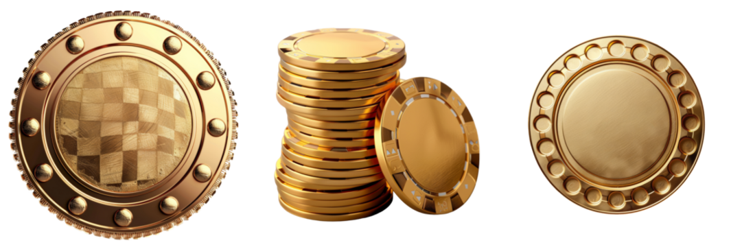 Gold Poker Chips Cut Out Set Isolated on Transparent or White Background, PNG - Powered by Adobe