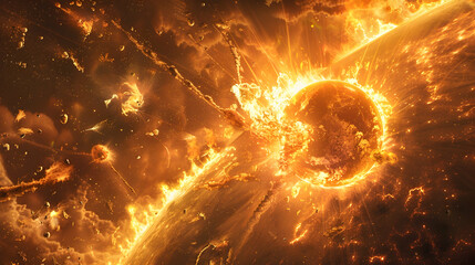  A dystopian solar planet experiencing the effects of a massive coronal mass ejection, with fiery explosions and atmospheric disturbances 