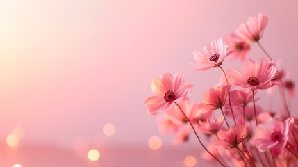 Fototapeta premium Beautiful pink cosmos flowers in soft focus against a delicate pastel background, creating a dreamy and serene atmosphere of nature's beauty.