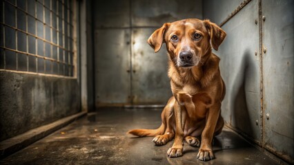 Lonely brown dog with sad eyes sits on a cold concrete floor in a dimly lit kennel at an animal shelter.