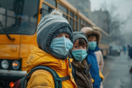 Children Wearing Masks Waiting For the School Bus - Powered by Adobe